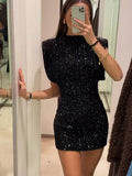 kamames Shiny Sequin Mini Dress Women Elegant High Waist Slim A-line Dresses 2024 New Female Party Club Robes