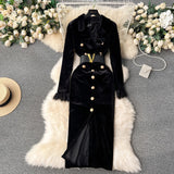 kamames Retro Long-Sleeved Gold Velvet Dress Women's High-End Light Extravagant Suit Collar Waist Metal Button Medium Dress