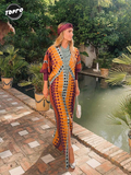 kamames Ethnic Style V Neck Slit Maxi Dresses Women Patchwork Dot Printed Long Sleeve Loose Dress 2024 Chic Summer Street Robes