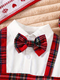 Boys' 2pcs Christmas Party Outfit Set - Red Plaid Long Sleeve Romper with Bow Tie & Hat, Casual School Style for Fall/Winter, Perfect for Outdoor