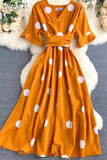 kamames Women Polka Dot Midi Dress Vintage V-Neck Short Flare Sleeve Bandage A-Line Vestidos Female Casual Robe New Fashion