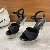 kamames kamames Summer Style With Flower Sequins With Ultra High Heel Transparent Bottom Crystal Thick Heel Women's Singles Shoes Sandal Wedding Bridesmaid Shoes