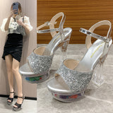 kamames kamames Summer Style With Flower Sequins With Ultra High Heel Transparent Bottom Crystal Thick Heel Women's Singles Shoes Sandal Wedding Bridesmaid Shoes