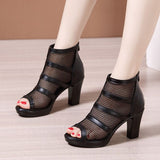 kamames Thick-Heeled Sandals Women's 2023 Summer New Net Gauze Fish Mouth Shoes Women's Waterproof Table Hollowed-Out Roman Sandals