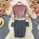 kamames Winter 2021 Simple Warm Tight Dress Elegant Office Lady Dress Long Sleeve High Waist Pencil Stretch Knit Dress Women