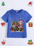 Christmas Truck Print Boy's Casual Short Sleeve T-Shirt, Lightweight & Comfortable Summer Top, Outdoor Cloth