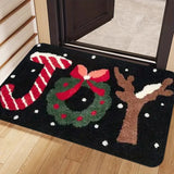 Christmas Joy Flannel Doormat - Polyester, Non-Slip, Super Absorbent, Anti-Fatigue, Waterproof Floor Mat for Home Decor - Hand Washable, Durable Welcome Mat for Kitchen, Hallway, Living Room, Bedroom, Laundry - Festive Reindeer, Wreath & Candy Cane Print