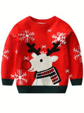 Boy's Christmas Elk Pattern Knitted Sweater, Casual Slightly Stretch Breathable Pullover Top For Outdoor