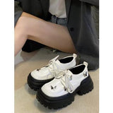 kamames Leather Shoes Female College Style 2024 Early Spring New Square Head Thick-Soled Bow High-Heeled Retro Lace Casual Shoes