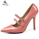 kamames SGESVIER Fashion Pointed Toe Solid High Heel Shoes Nightclub Women's Pumps Thin Heel Buckle Wedding Party Shoes Size 30-47 OX293