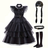 Enchanting Toddler Girls Ruffle Dress Costume Set - Ethereal Mesh Layers, Adorable Trims - For Birthday Parties, Halloween & Cosplay - Includes Belt, Wig & Socks Accessories