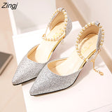 kamames Pointed toe Pearl High heels shoes Female Fashion hollow with Sandals Paillette of the Thin Breathable shoes Women Pumps