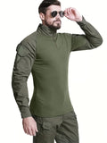 Men's Stretchable Cotton Long-Sleeve Top - Slim Fit, Half Zipper, Pockets - Ideal for Hiking, Climbing, Camping, and Fishing