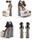 kamames Onlymaker Women's Sandals Platform Peep Toe Chunky Square Heels Ankle Strap Sandals Black And White Stripes Party Fashion Shoes