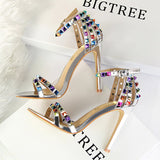 BIGTREE Shoes Color Rivets Women Sandals Roman Style Heeled Sandals Hollow Out High Heels Stiletto Sexy Party Shoes Sandals