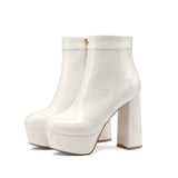 kamames Fashion Platform Women Ankle Boots Bright Pu Leather Square High Heel Punk Boots Autumn Winter Shoes Pink White Black Red