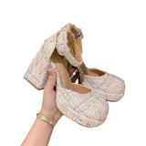 kamames kamames Spring And Summer Barbie Pink Single Shoes Waterproof Platform With Baotou Thick Heel Hollow Mary Jane Square Head High Heels