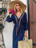 kamames Elegant Blue Long Cotton Women Summer Beach Tunic Dress Plus Size Sexy V-Neck Wrist Party Dress Pareo Kaftan Femme Q529