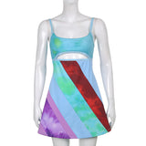 kamames Vintage 90s Striped Patchwork Hollow Out Cami Dresses Aesthetics Cut Out A-line Mini Dress Summer Sexy Clubwear 2021