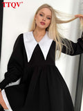 kamames Fashion Doll Collar Black Dresses For Women 2022 Casual Lantern Sleeve Office Mini Dress Ladies Elegant Patchwork Dress