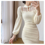 kamames Hollow Lace Patchwork Midi Dresses for Women 2023 Autumn New Elegant Evening Prom Party Long Sleeve Slim Female Clothing