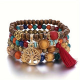 4-Piece Set of Exquisite Bohemian Life Tree Flow Hematopewood Beaded Bracelets - Multi-Layered, Stylish, and Meaningful Jewelry for Women - Perfect for Everyday Wear and Gift Giving