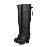 kamames Autumn Women Platform Knee High Boots Square High Heel Lacing Fashion Boots Winter Ladies Shoes Black Brown