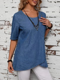 Stylish Elegant Denim Top - Exquisite Button Accents, Flattering Wrap Hem Design, Comfortable Half Sleeve Style, Perfect for Casual Occasions - Ideal for Daily Wear, Elevate Your Style