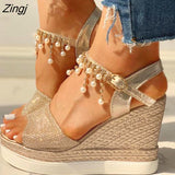 kamames New Women Wedge Sandals Summer Bead Studded Detail Platform Sandals Buckle Strap Peep Toe Thick Bottom Casual Shoes Ladies