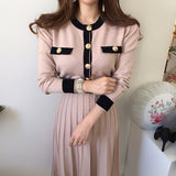 kamames Autumn Korean Knitted Women Long Pleated Dress Women Long Sleeve Single-breasted A-line Dresses Elegant Ladies Vestidos