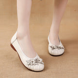 kamames New Flat Bottom Low Heel Head Layer Cowhide Women's Shoes Ethnic Wind Flowers Leather Women's Single Shoes Middle-Aged And Elderly Mother Shoes