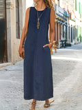 Alluring Sleeveless Maxi Dress with Handy Pockets - Lightweight Summer Sundress in Timeless Blue - Versatile for Day to Evening Glamour