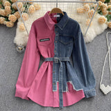 kamames kamames Spliced Corduroy Lapel Dress 2023 Autumn And Winter New Korean Version Waist Shows Thin Irregular Medium Length