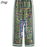 kamames Women Vintage Patchwork Paisley Print Straight Pants Female Chic Elastic Waist Retro Long Trousers Pantalones Mujer P212