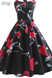 Zingj Women Summer Elegant Halter Sexy Party Dress Casual Floral Print Vintage Swing 50s 60s Retro Rockabilly Dresses jurken