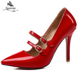 kamames SGESVIER Fashion Pointed Toe Solid High Heel Shoes Nightclub Women's Pumps Thin Heel Buckle Wedding Party Shoes Size 30-47 OX293