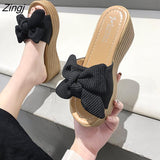 kamames New Summer 7cm Platform Wedge Slippers Women Shoes Butterfly-knot Clog Fabric Bow Mules Flip Flop Light Slides