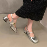 kamames kamames Silver Mary Jane Shoes Women's Shoes 2024 New Summer Temperament Thick Heel Square Head Shallow One Word With Single Shoes