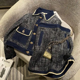 Two Piece Dress Sets Short Tweed Jacket Chic Lapel Denim Coat Womens Outifits Spring Autumn Mini Skirts Jeans Y2k 231027