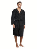 Men's Comfy Solid Fleece Robe Home Pajamas Wear With Pocket One-piece Lace Up Kimono Night-robe Warm Sets After Bath