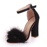 kamames Women Pumps T-stage Fur Buckle Strap Platform Open Toe Dancing High Heel Sandals Sexy Party Wedding Shoes Black mujer s01