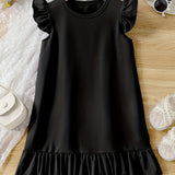 Girls' Summer Elegance: Flutter Sleeve Solid Color Dress - Ruffle Hem, Perfect for Holiday & Party Celebrations