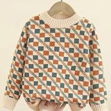 Boy's Allover Checks Pattern Knit Pullover For Autumn And Winter - Versatile Trendy Long Sleeve Bottoming Knitted Top As Gift