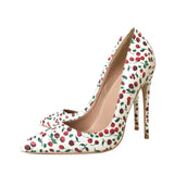 kamames Cherry Print Sexy Pumps 12 cm High Heels Woman Shoes Party Wedding Shoes Pointed Toe PU Leather White YG007 ROVICIYA