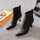 kamames Women High Heeled Short Boots 2023 NEW Weaved Pointed toe Winter Shoes,Ankle Botas,Front Zip BLACK  sapatos femininos