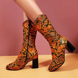 kamames Size Women's Shoes 44 45 Fashion Zipper Snake Print Women Mid Calf Boots LadiesThick High Heel Autumn Winter Short Boots