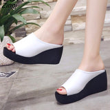 kamames Women Sandals 7.5cm Platform Wedges Women's Shoes Thick Heel Open Peep Toe Sandals Leather Summer Style Slide Black Shoes