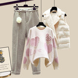 kamames Winter New Warm Sweater 3 piece set Women Korean Fashion Sweet Heart-shaped beaded Sweater +Lamb wool vest +Pants Suits