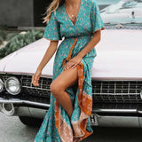 kamames Queens Fashion Women Floral Print V-neck Rayon Cotton Beach Bohemian Dresses Ladies Tassel Summer Boho Maxi Dress