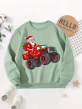 Boys' Cozy Fleece-Lined Christmas Sweatshirt with Santa & Truck Print - Casual Long Sleeve Pullover for Fall/Winter